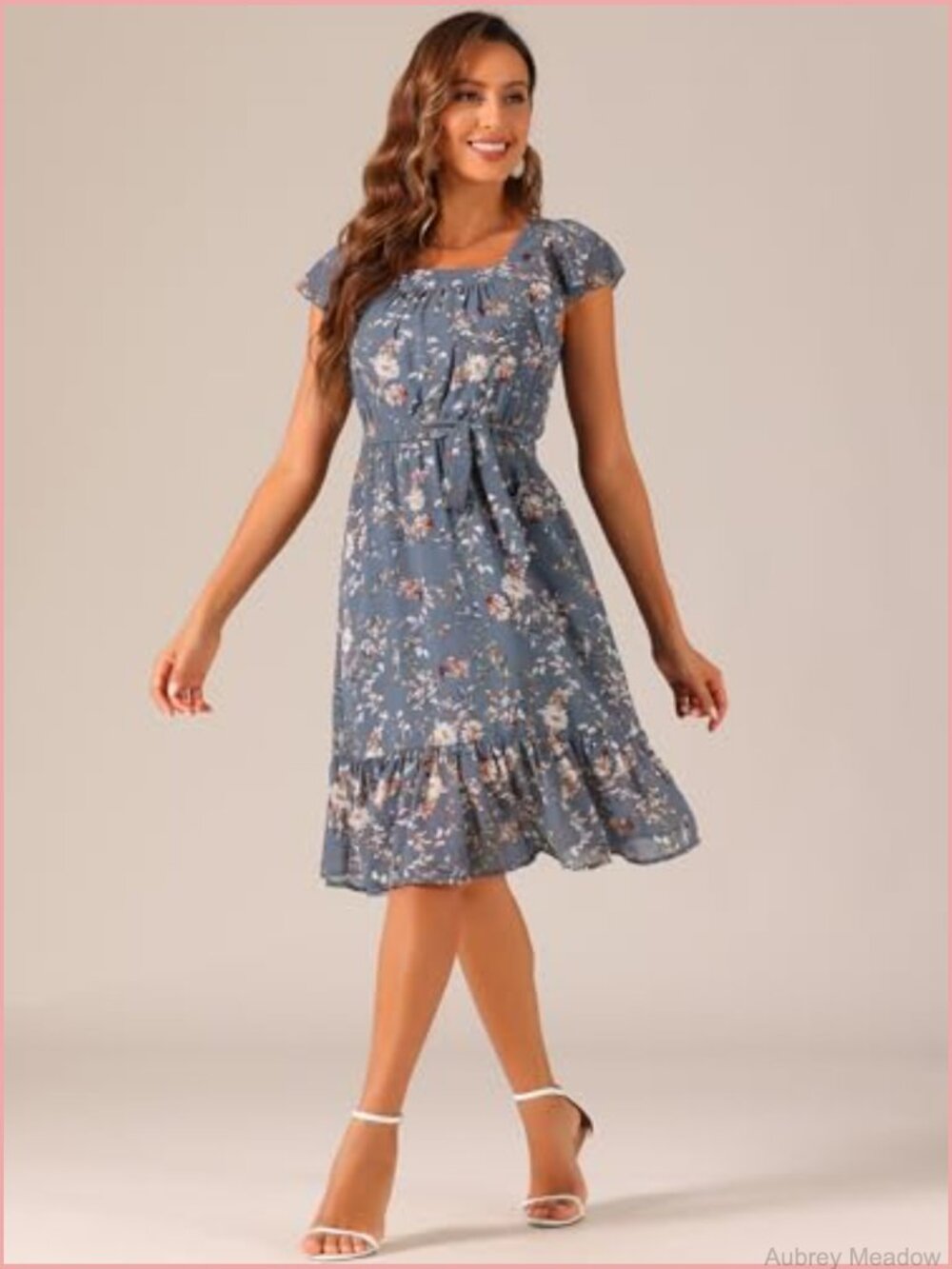 Midi Floral Chiffon Dress Flutter Sleeve Square Neck Belted Ruffled - Picture 2 of 7